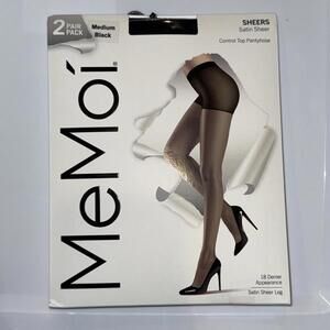 2 Pairs MeMoi SATIN SHEER SHEERS CONTROL TOP PANTYHOSE BLACK SIZE M